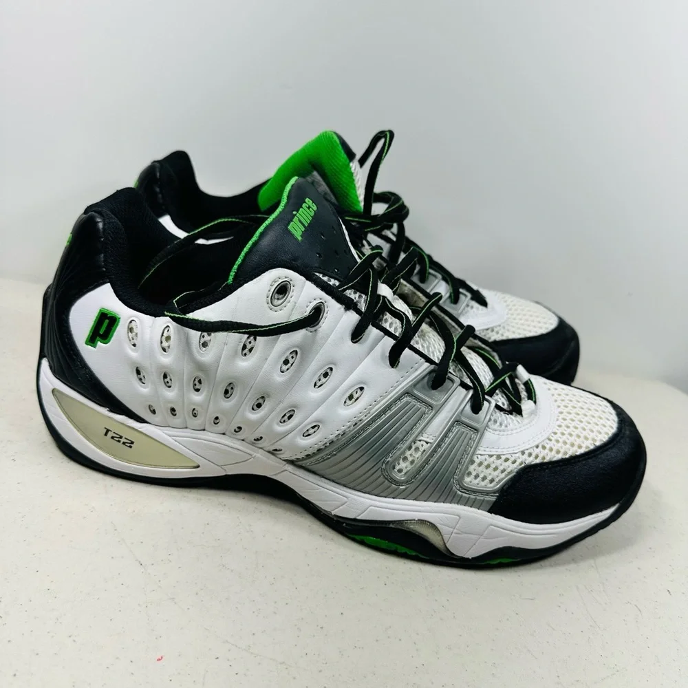Prince Black, White, and Green Tennis Shoes 13 - Picture 3 of 7